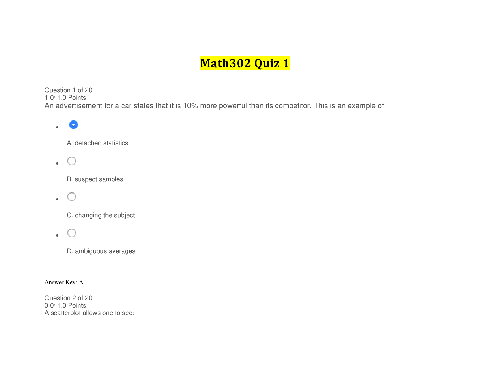 Preview image for MATH 302 QUIZ 1 SET 2 (Questions and Answers)